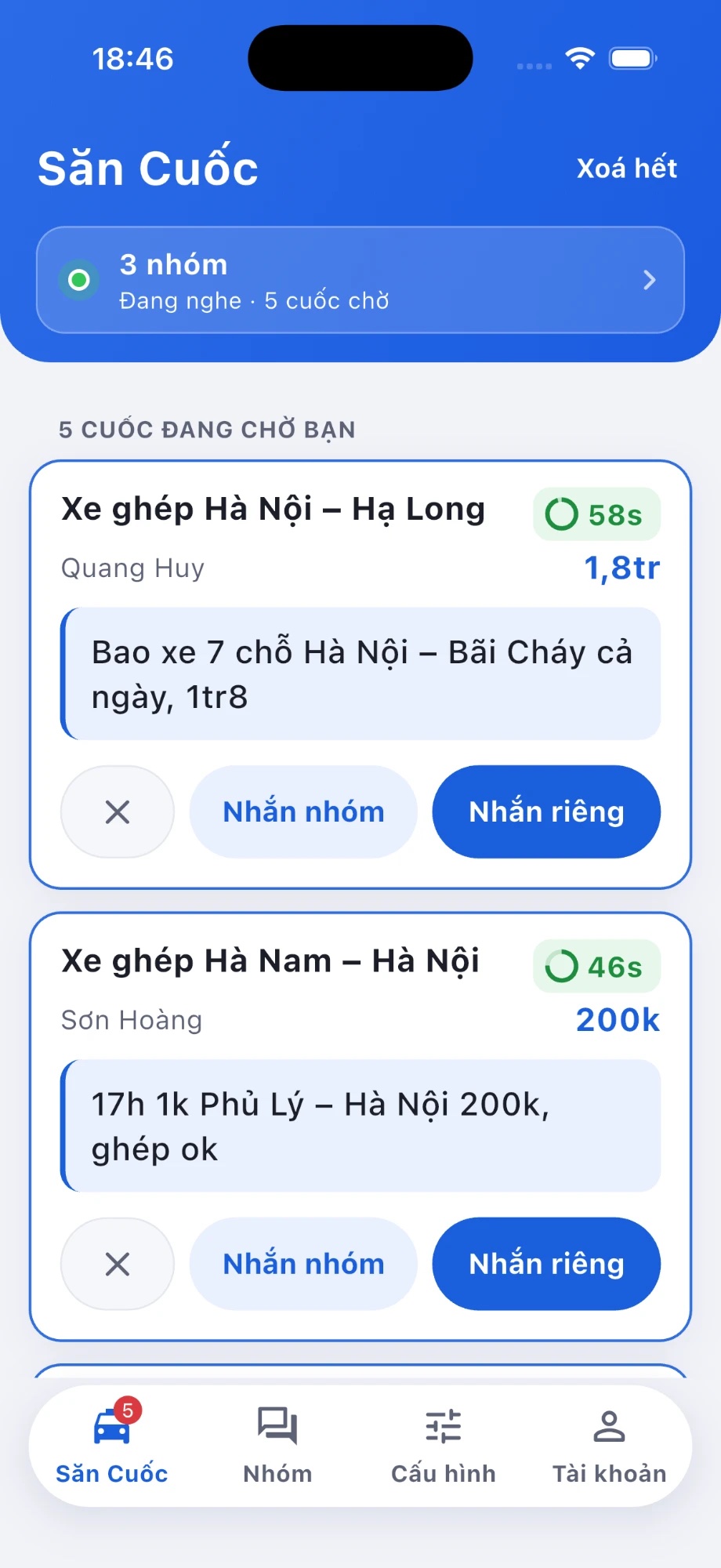 Màn hình Săn Cuốc: danh sách cuốc đang chờ với nút Nhắn nhóm và Nhắn riêng